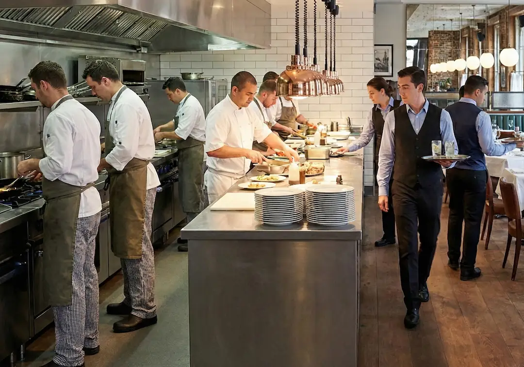 uniformes para hosteleria camareros y cocineros en una cocina